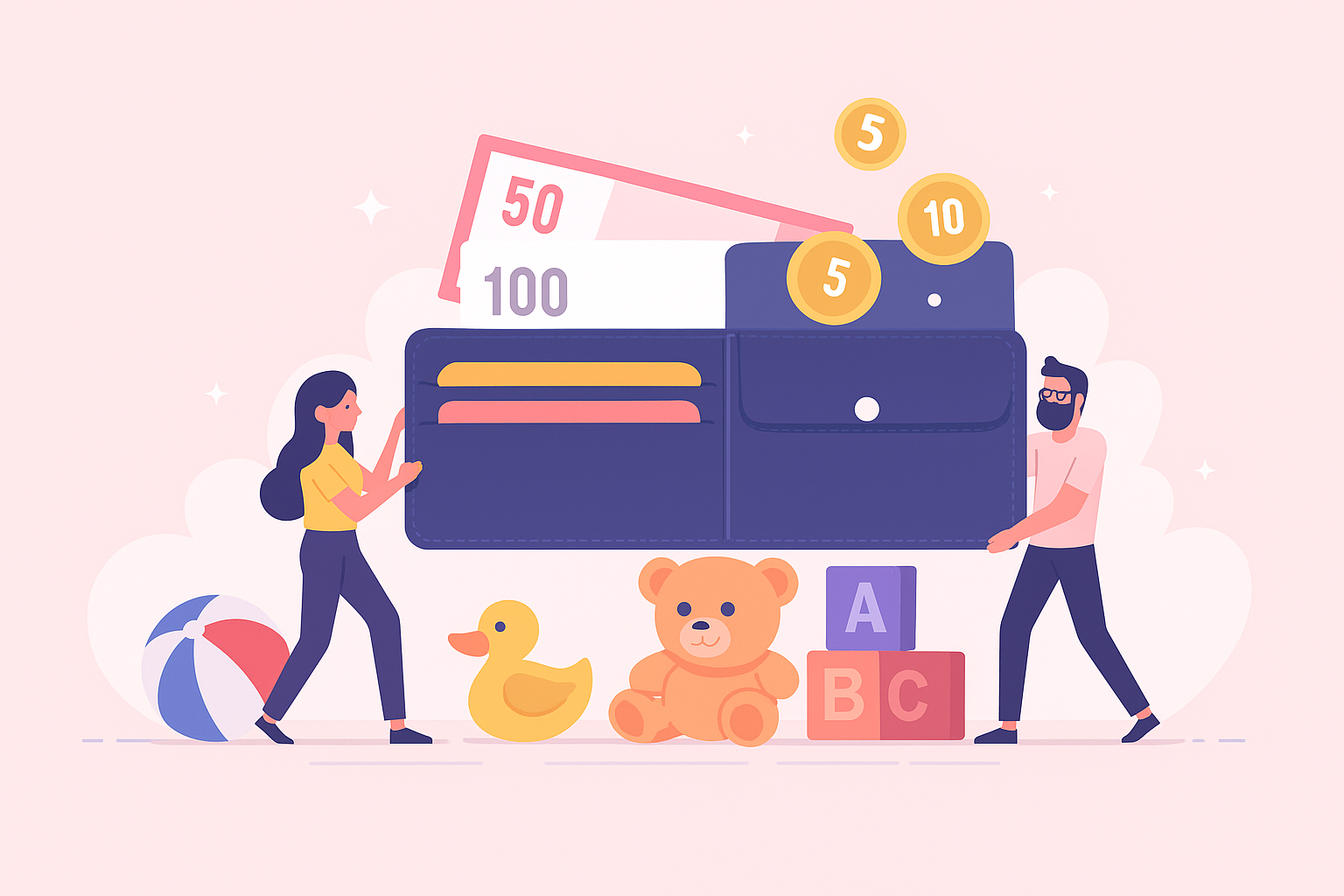 Illustration d’un portefeuille géant avec deux employés représentant des salaires avantageux pour éducatrices en CPE au Québec